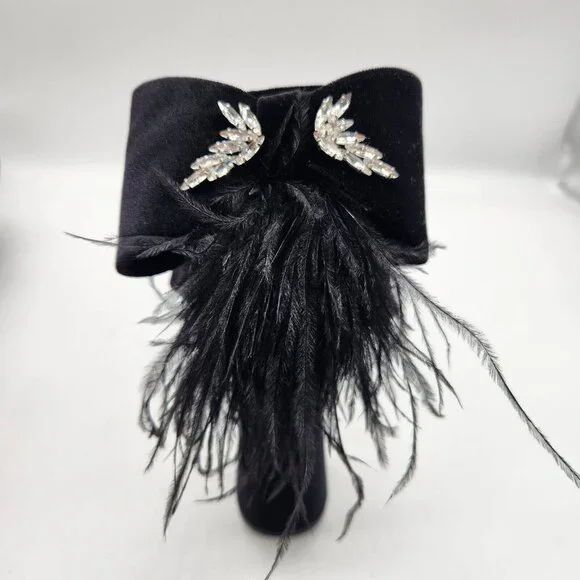 Antonio Melani Platform Sandals Size 5.5 M Black Velvet feathers Rhinestone  658 - Picture 9 of 16